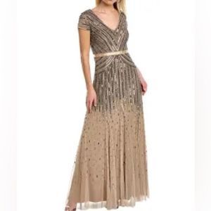 Adrianna Papell Plus Size Beaded V Neck Gown in Nude/Brown. Size 18W.